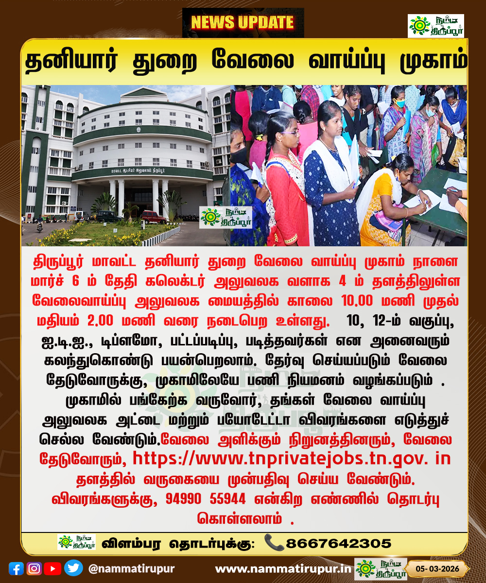 திருப்பூரில் நாளை தனியார் துறை வேலைவாய்ப்பு முகாம் – 10ம் வகுப்பு முதல் பட்டதாரிகள் வரை பங்கேற்கலாம்