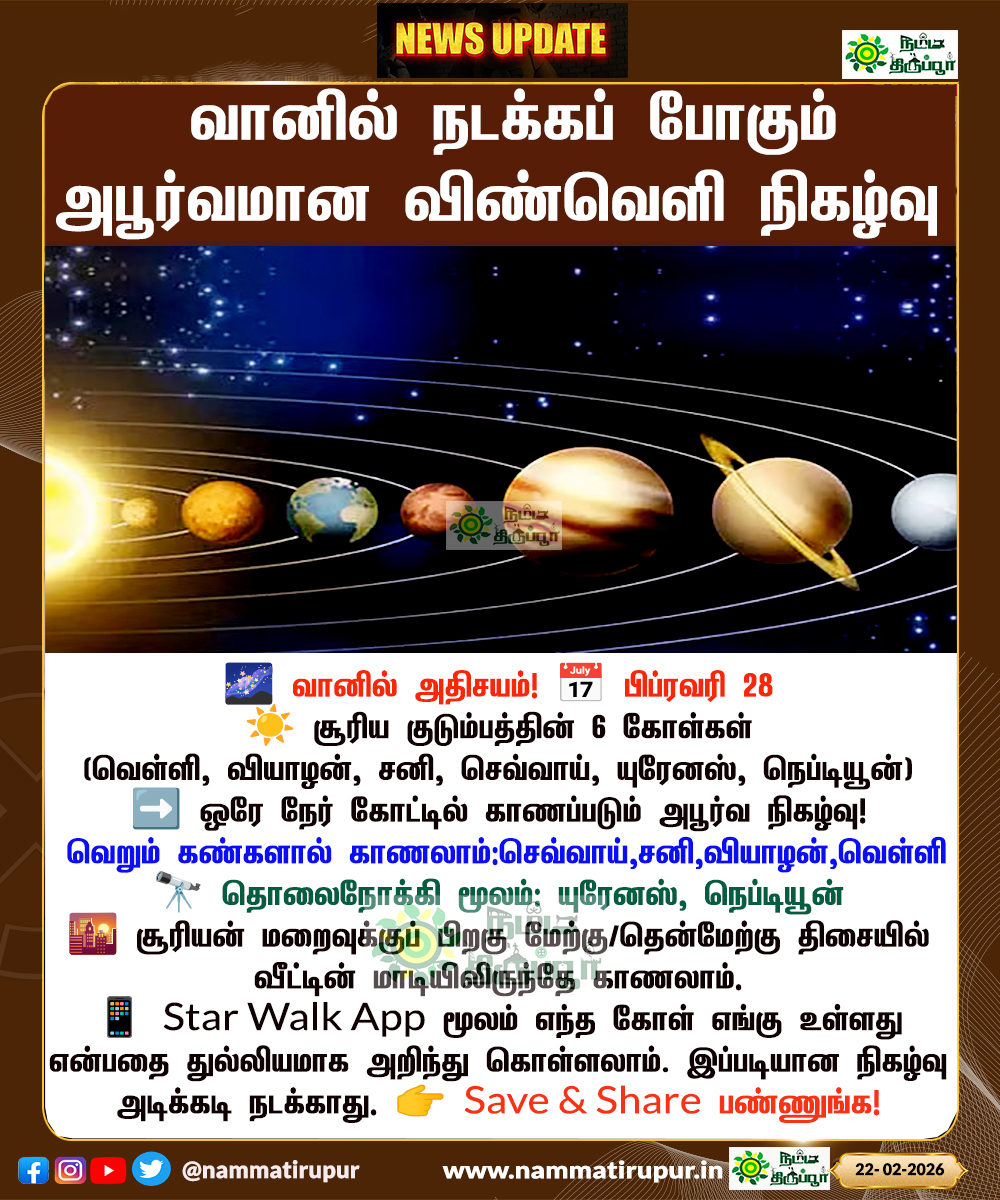 ✨ பிப் 28-ல் வானில் அபூர்வ நிகழ்வு, ஒரே நேரத்தில் 6 கோள்கள் ஒரே நேர்கோட்டில்! - News