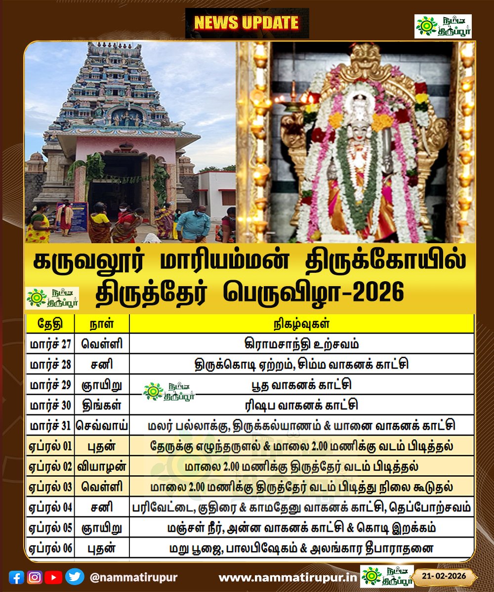 கருவலூர் மாரியம்மன் திருத்தேர் திருவிழா - 2026 - News