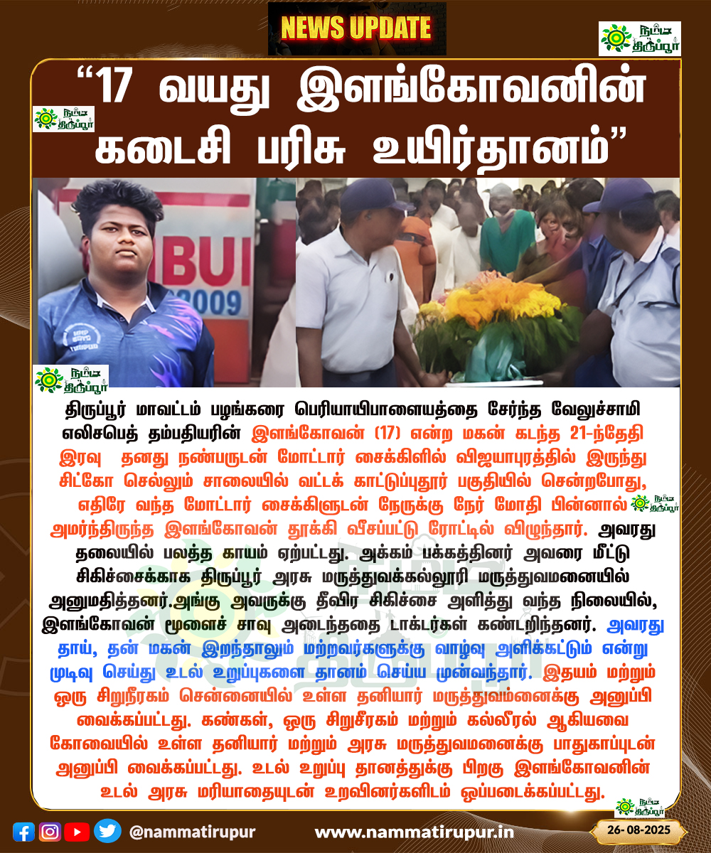 சாலை விபத்தில் மூளைச்சாவு அடைந்த 17 வயது திருப்பூர் இளைஞன், தனது உடல் உறுப்புகள் மூலம் பலருக்கு புதிய உயிர் வழங்கினார்.